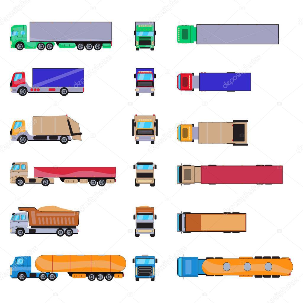 Different cargo truck with container. Big trailer template isolated on white background. Cartoon van mockup set. Commercial car delivering vehicle top, side, front view for corporate identity design