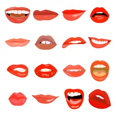 Kadın dudakları tatlı tutkuya bkondu. Dudak tasarım elemanı şehvet makyaj ağız. Vektör baskı kozmetik duygusallık arzu dil dışarı. Smile kadın kırmızı seksi doodle dudaklar