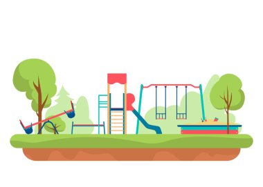 Parkta oyun ekipmanları ile çocuk oyun alanı. Açık kamu şehir anaokulu beyaz arka plan üzerinde izole. Vektör