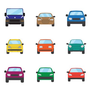 Farklı ulaşım arabası. Sedan araba, hatchback, evrensel araba, suv, cabriolet, mini araba seti. Araç koleksiyonu üst, ön, yan görünüm. Otomatik konsept karikatür tasarımı. Vektör çizimi