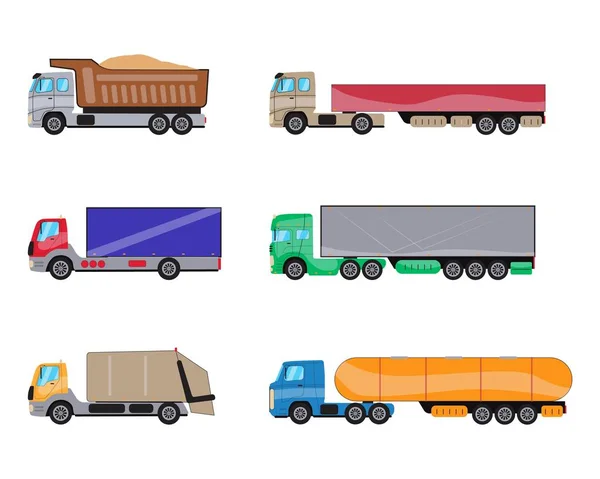 Trailer Trucks zijaanzicht pictogram set geïsoleerd op wit. Commerciële vrachtwagen met container, Kipper, vuilniswagen. Vector illustratie — Stockvector