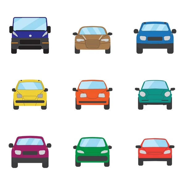 Carro de transporte diferente. Carro Sedan, hatchback, carro universal, suv, cabriolet, mini-carro conjunto. Coleção de veículos em cima, frente, vista lateral. Design de desenho animado de conceito automático. Ilustração vetorial —  Vetores de Stock