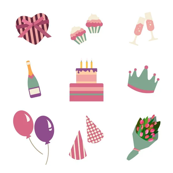 Düz tarzda Happy Birthday parti simgesi. Set pasta, kalp, balon, kutlama, Şampanya bardakları, yıldönümü, parti, taç, hediye, çiçek simgeleri dahil. Vektör çizimi — Stok Vektör