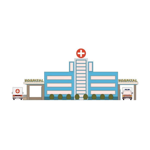 Düz tarzda hastane binası simgesi. İlk yardım aracı ön ve arka görünüm. Karikatür tarzında Tıp cityscape mimarisi. Sağlık hastanesinin dış cephesi. Vektör çizimi — Stok Vektör