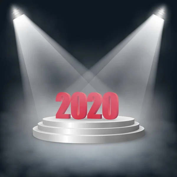 Año Nuevo 2020 de pie sobre un pedestal con escalones encendidos dos luces en la niebla. Ilustración vectorial eps10 — Vector de stock