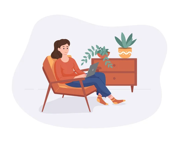 Szabadúszó nő munka otthonról kényelmes helyet szék számítógép lapos stílusú vektor illusztráció elszigetelt fehér. Szabadúszó lány önálló vállalkozói koncepció dolgozik online. — Stock Vector