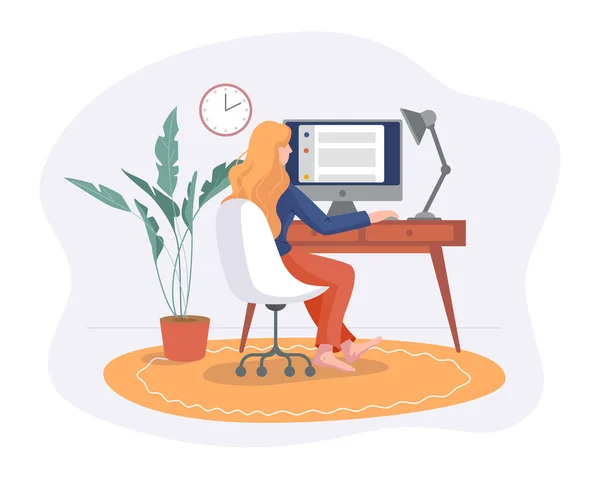 Femme freelance travailler de la maison espace confortable dans la chaise avec ordinateur sur la table illustration vectorielle de style plat isolé sur blanc. Freelancer fille indépendant concept de travail en ligne . — Image vectorielle