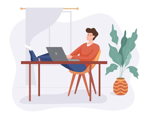 Szabadúszó férfi munka otthonról kényelmes helyet asztalnál számítógép lapos stílusú vektor illusztráció elszigetelt fehér. Szabadúszó karakter önálló vállalkozói koncepció dolgozik online. — Stock Vector