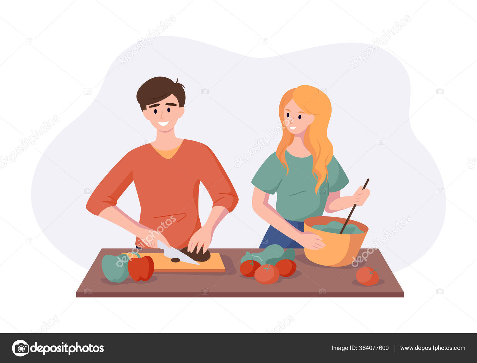 野菜と果物の健康的な夕食を一緒に調理します 男性と女性のカップルは フラットスタイルで白に隔離された食べ物を準備します ベクターイラストコンセプト ストックベクター C Whilerests