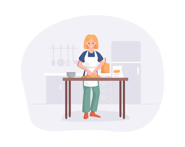 Νεαρή γυναίκα ζυμώνει το ζυμάρι στο τραπέζι στην κουζίνα. Χαριτωμένο κορίτσι ετοιμάζει γεύματα στο σπίτι. Επίπεδη εικονογράφηση φορέα κινουμένων σχεδίων μαγειρική επίδειξη χόμπι — Διανυσματικό Αρχείο