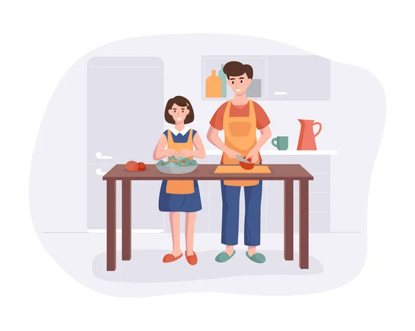 Pai e filha fazendo o jantar na mesa na cozinha. Conceito de personagem de desenhos animados preparando refeições em casa em estilo plano. Ilustração vetorial —  Vetores de Stock