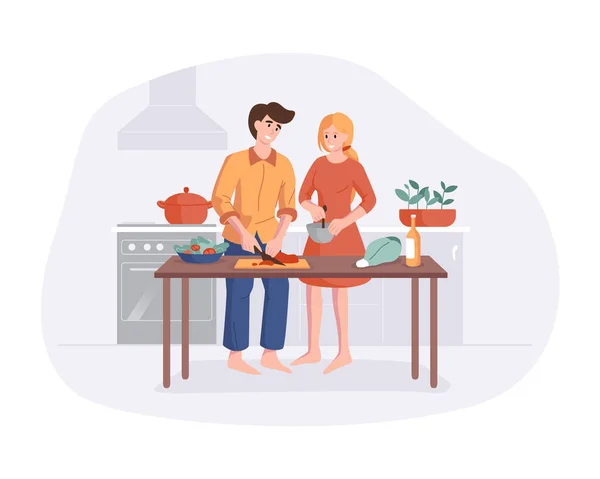 Família prepara jantar juntos na mesa da cozinha. Os pais sorriem enquanto cozinham na cozinha em casa. Personagem de desenho animado homem e mulher fazendo almoço. Vector plana colorido sorrindo pessoas —  Vetores de Stock