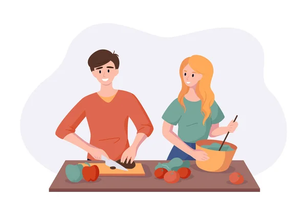 Gemeinsam gesundes Abendessen mit Gemüse und Obst zubereiten. Mann und Frau bereiten Essen isoliert auf weiß in flachem Stil zu. Konzept zur Vektorillustration — Stockvektor