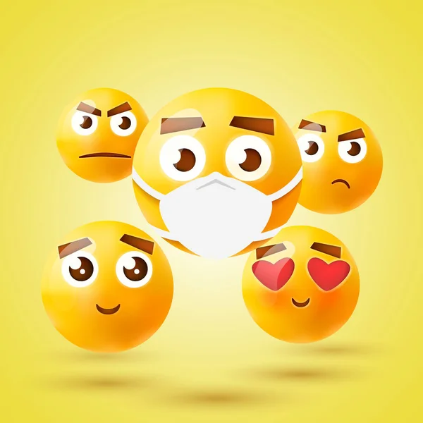 Set di icone emoticon 3d di alta qualità. Emoji con maschera medica. Illustrazione vettoriale . — Vettoriale Stock