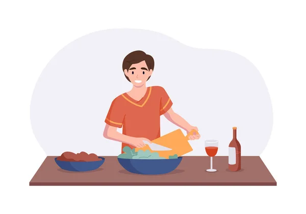キッチンテーブルの上で快適な男の料理。ランチやディナーにサラダを作る漫画の男性キャラクター。料理趣味ベクトルイラストコンセプト。フラットスタイルのフロントビューのインテリアシーン — ストックベクタ