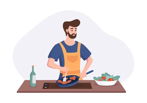 Chef cozinhar jantar na mesa na cozinha. Conceito de personagem de desenhos animados preparando refeições em casa em estilo plano. Ilustração vetorial —  Vetores de Stock