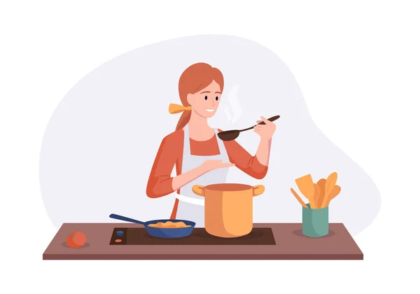 Smiling chef cooking on kitchen table. Wife cooked soup and tastes it with a spoon. Vector illustration home concept preparing homemade meals for dinner — Stock Vector