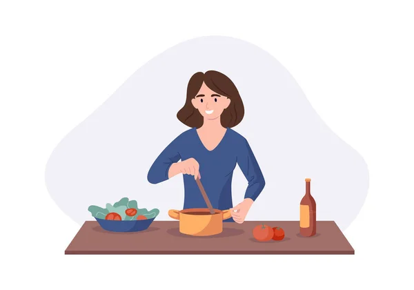 Χαμογελαστή γυναίκα μαγειρεύει στο τραπέζι της κουζίνας. Η σύζυγος μαγείρεψε σούπα και την δοκίμασε με κουτάλι. Vector εικονογράφηση σπίτι έννοια προετοιμασία σπιτικά γεύματα για το δείπνο — Διανυσματικό Αρχείο