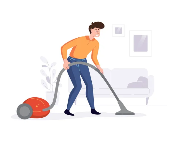 Limpiador profesional limpia la casa con una aspiradora. Servicio de limpieza tareas profesionales ofrecen conceptos. Ilustración vectorial — Archivo Imágenes Vectoriales