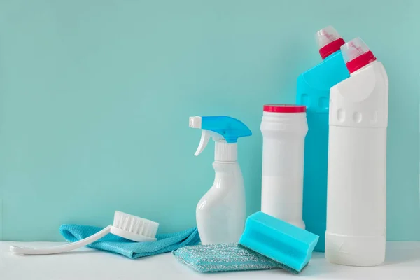 Various Bottles Washing Sponges Rags Gloves Brushes Everything Cleaning One — Stock Photo, Image
