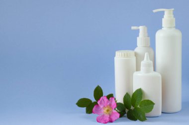 Vücut bakımı. Spa Gevşemesi. Çocuk hijyeni. Beyaz plastik şişe maketleri. Metin, tırnak içinde, özdeyişler ya da nane arkaplanındaki logo için boş yer.