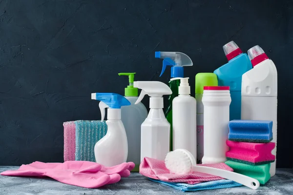 Various Bottles Washing Sponges Rags Gloves Brushes Everything Cleaning One — Stock Photo, Image