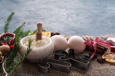 Kurabiye malzemelerinin Noel arkaplanı. Pankart. Kartpostal.