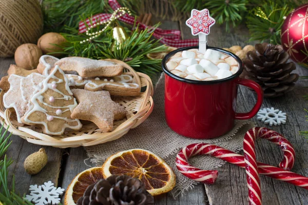 Party Composition Red Mugs Biscuits Green Branches Spruce Cookies Slices — Stock Photo, Image