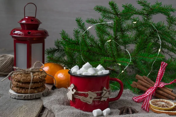 Composition Nouvel Une Tasse Cacao Chaud Avec Des Guimauves Joyeux — Photo