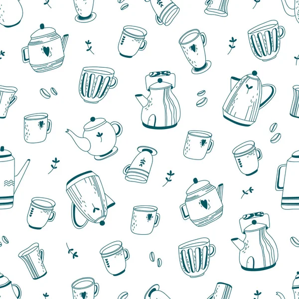 Différentes Tasses Tasses Bouilloires Grains Café Laisse Motif Sans Couture — Image vectorielle