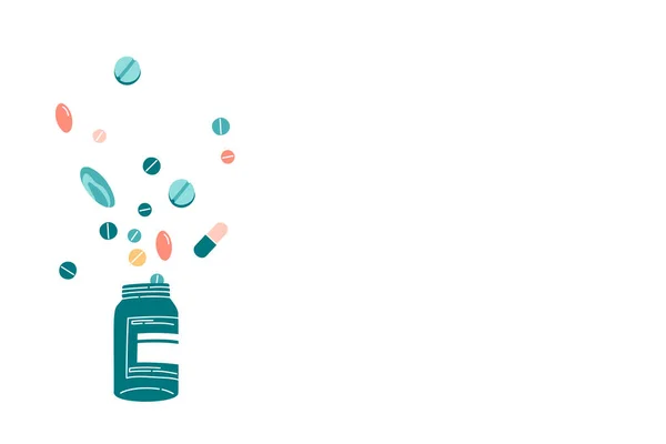 Verschillende Soorten Pillen Die Uit Een Fles Pot Morsen Kopieer — Stockvector