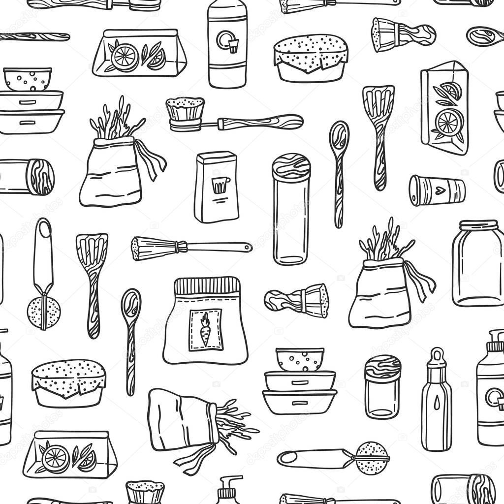 Black and white reusable kitchen supplies seamless pattern. Jar, textile bag, container, wooden spoon, spatula, cup. Hand drawn vector illustration.