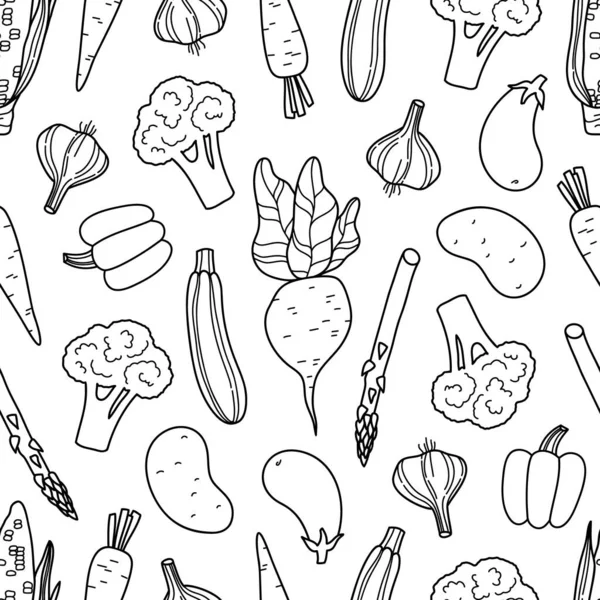 Différents Légumes Doodle Motif Sans Couture Sur Fond Blanc Végétarien — Image vectorielle