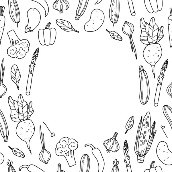 Cadre Rond Avec Différents Légumes Dessinés Main Sur Blanc Maïs — Image vectorielle