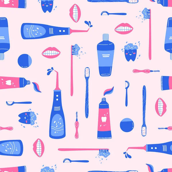Itens Higiene Oral Coloridos Padrão Sem Costura Fundo Rosa Pastel —  Vetores de Stock