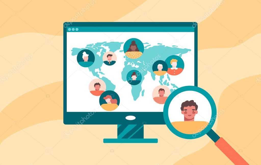 Monitor, magnifying glass on colorful background. Website interface with round avatars, world map. Looking for employee, target audience, customer, friend, partner. Flat cartoon vector illustration.