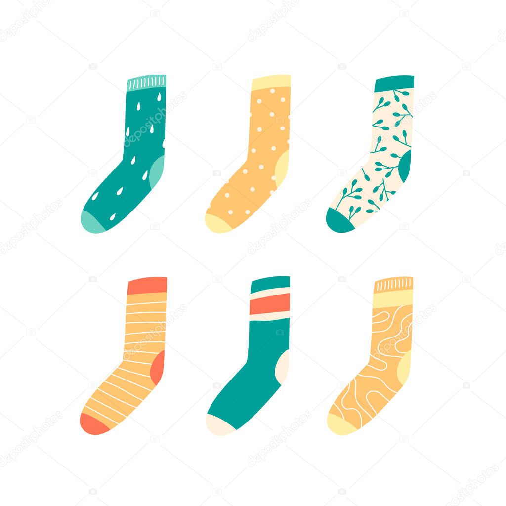 Different colorful socks isolated on white. Flat vector illustration in cartoon style.