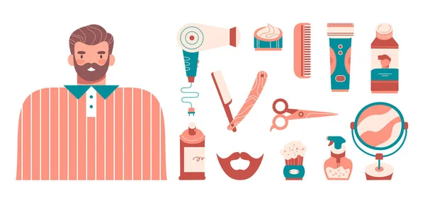 Hombre Con Barba Conjunto Herramientas Peluquería Cuidado Del Cabello Productos — Vector de stock