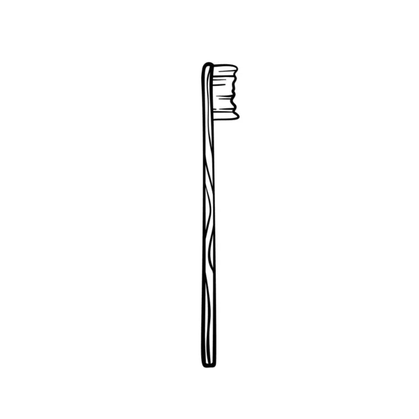 Cepillo Dientes Bambú Contorno Negro Aislado Blanco Ilustración Vectorial Dibujada — Vector de stock