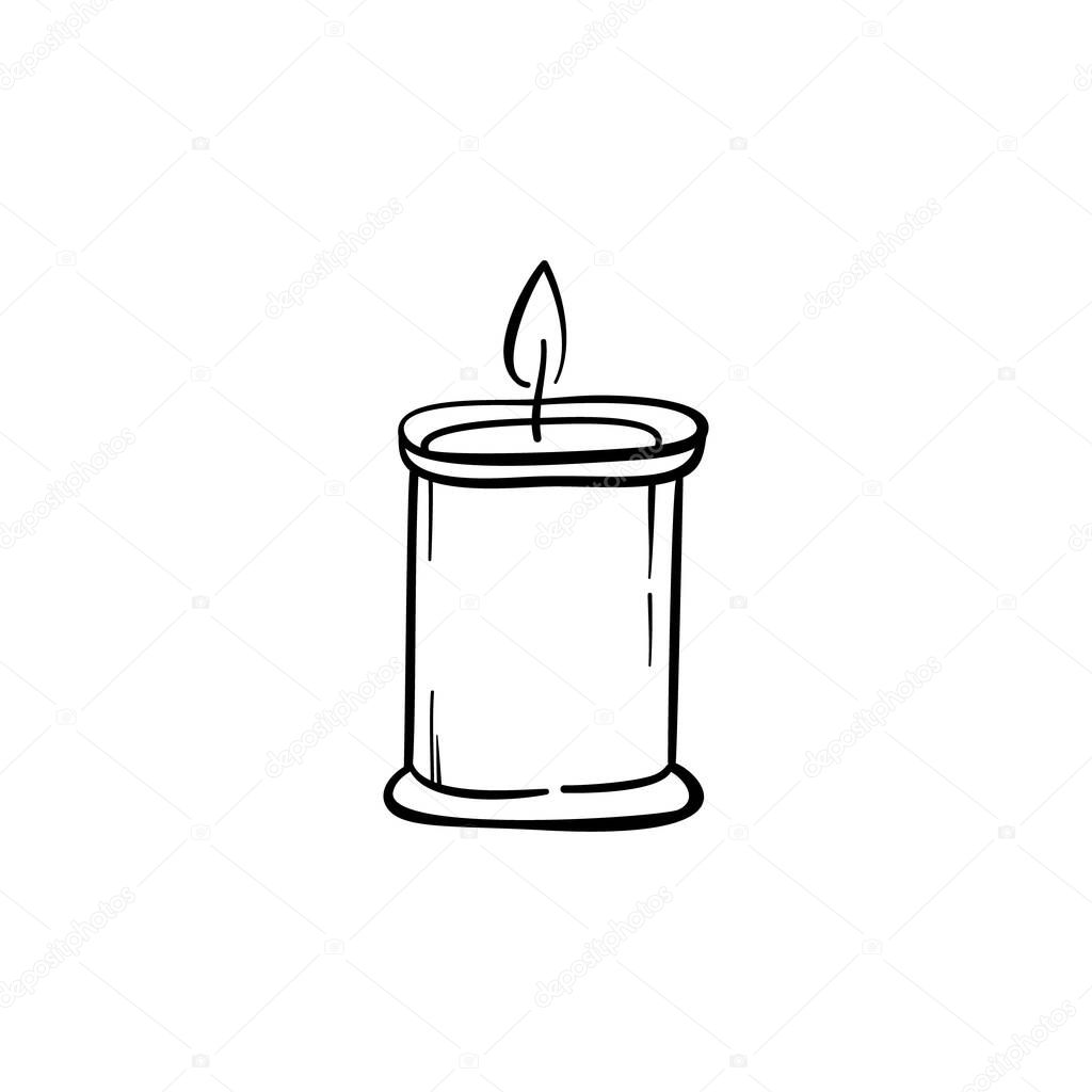 Black contour candle isolated on white. Hand drawn vector illustration. 