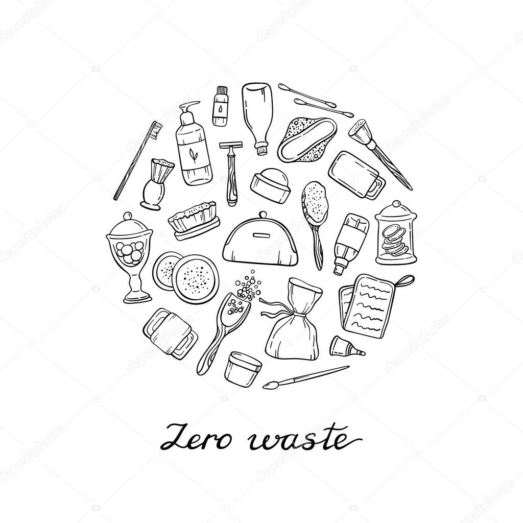 Round composition with black contour reusable hygiene products and text zero waste on white. Wooden hairbrush, toothbrush, metal razor, ear sticks, makeup brush, pads. Vector illustration.