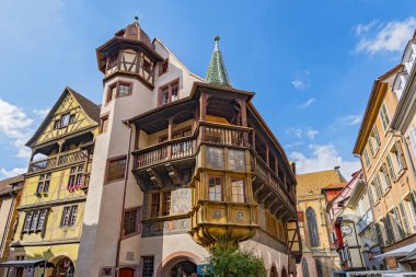 Ortaçağ evin Maison Pfister Colmar, Alsace Fransa Ahşap balkon.