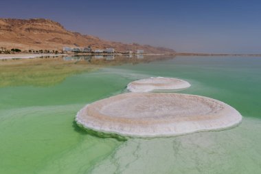 Dead Sea, çevre Neve Zohar, İsrail'in kıyısında Ein Bokek otel ve tatil bölgesinde tuz oluşumu.