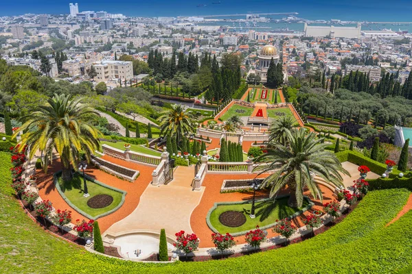 Över Den Bahai Trädgårdar Och Port Bakgrunden Haifa Israel Mellanöstern — Stockfoto