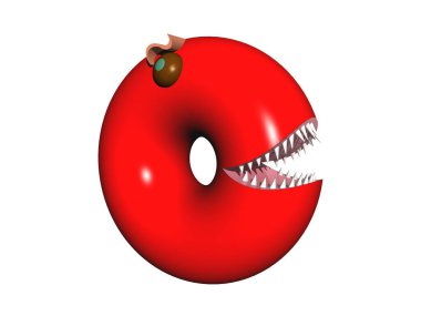 Gözleri ve dişleri olan kırmızı, parlak bir çörek.
