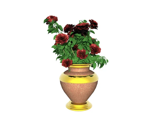 Goldene Keramik Blumenvase Mit Rosenstrauß — Stockfoto