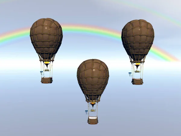 Hot air balloons with passenger basket in the sky