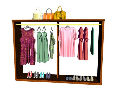 Giysileri, el çantaları ve ayakkabıları olan ahşap dolap.