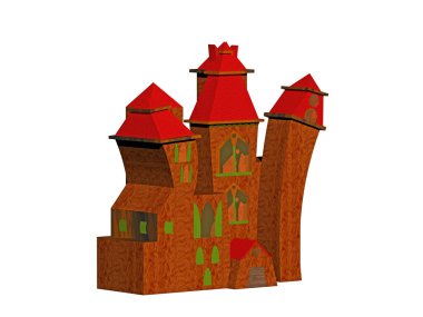 Eğik kuleleri olan kırmızı kahverengi cadı evi.
