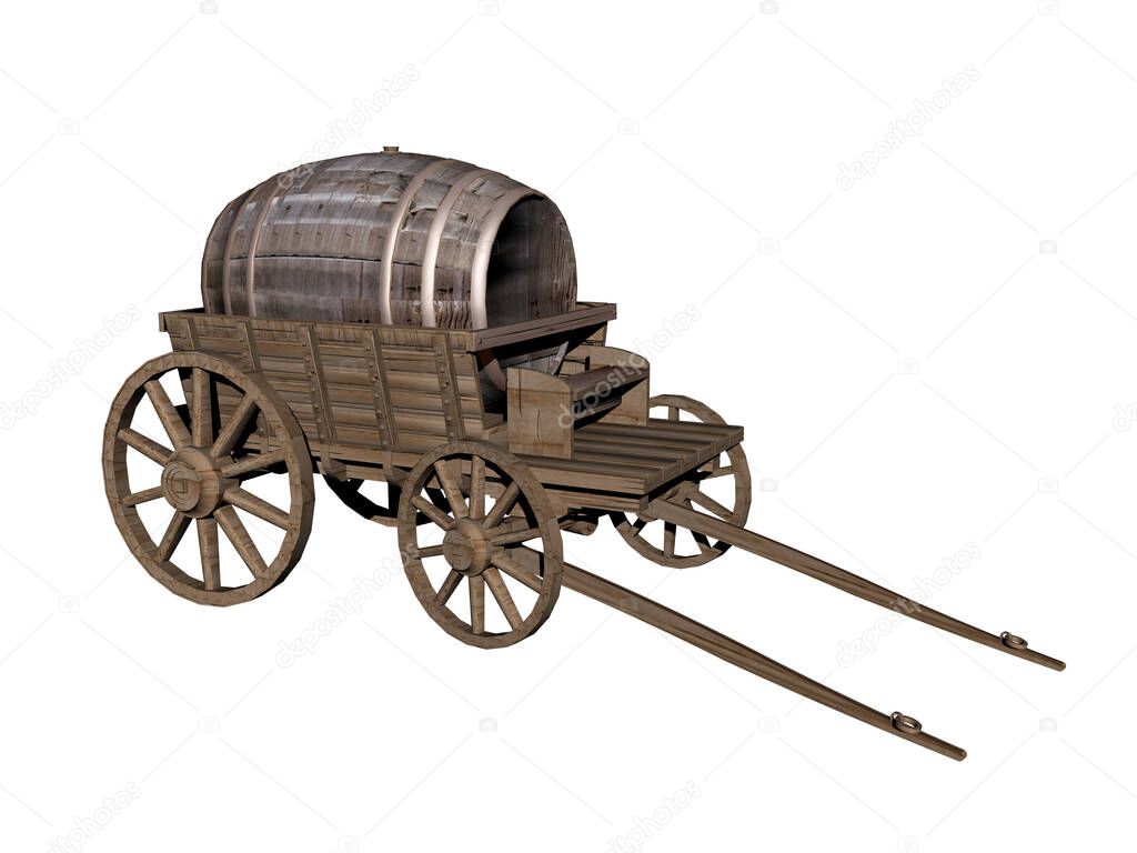 wooden cart with drawbar and large beer barrel